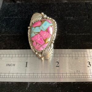 Sterling Silver 925 Adjustable ring. Cotton Candy Pink and Turquoise Stone Ring
